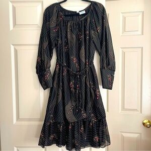 Vintage Union Made Long Sleeve Floral Dress Semi Sheer Ruffled Hem Black Red M/L